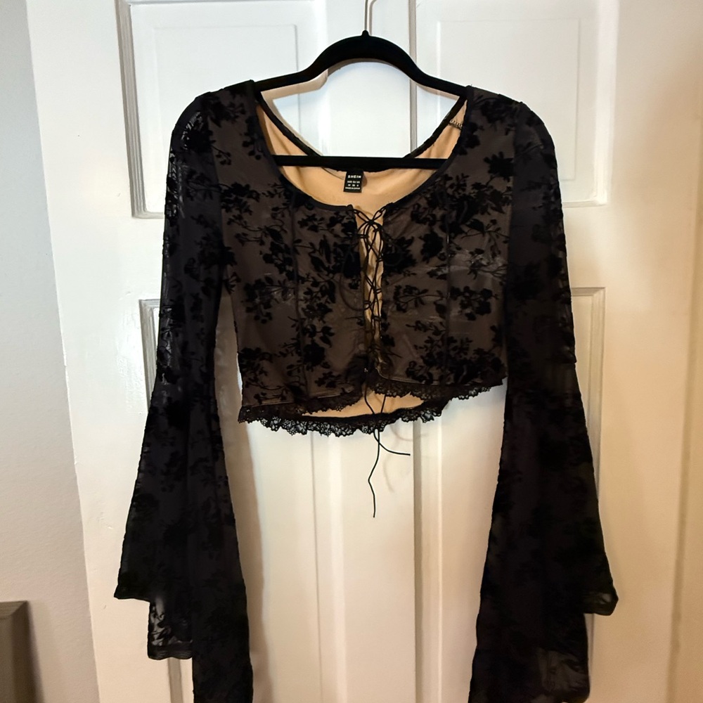 SHEIN Black Long Sleeve Crop Tie Front Blouse